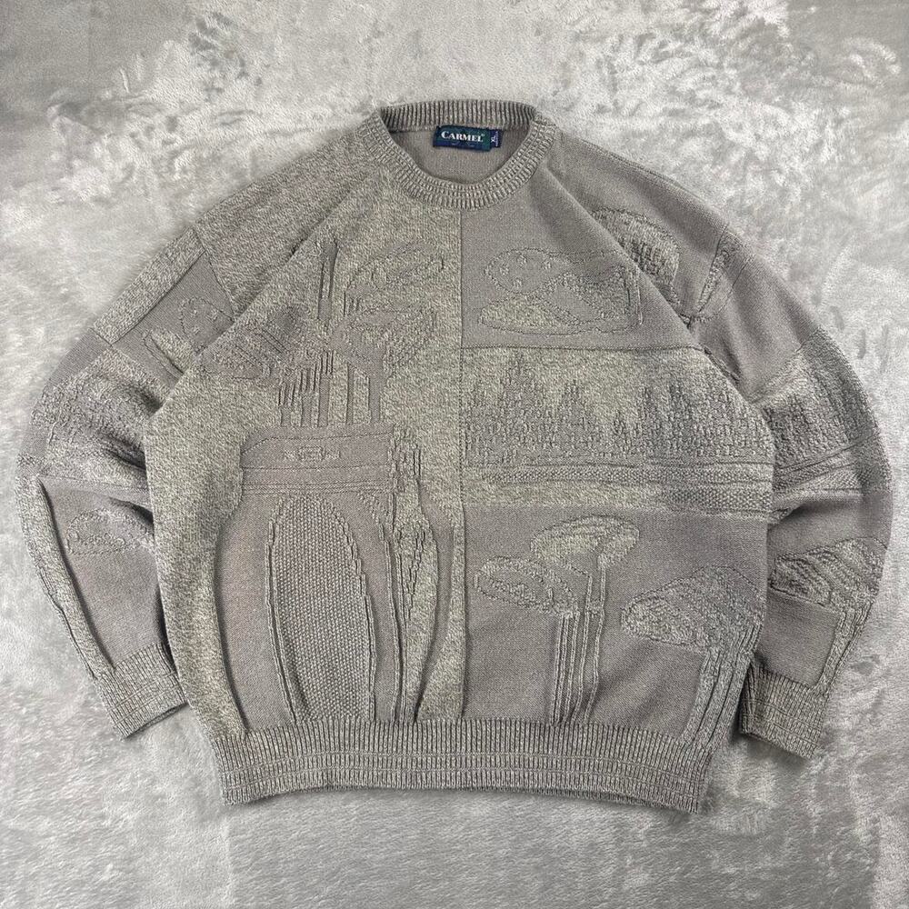 Vintage Carmel Golf Sweater Men’s XL Gray Brown Textured Crewneck Made USA